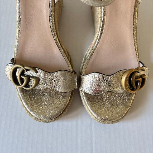 Gucci Aitana GG Marmont Espadrille Platform Wedge Heel Sandals Gold Size EU 37.5 - Picture 10 of 13